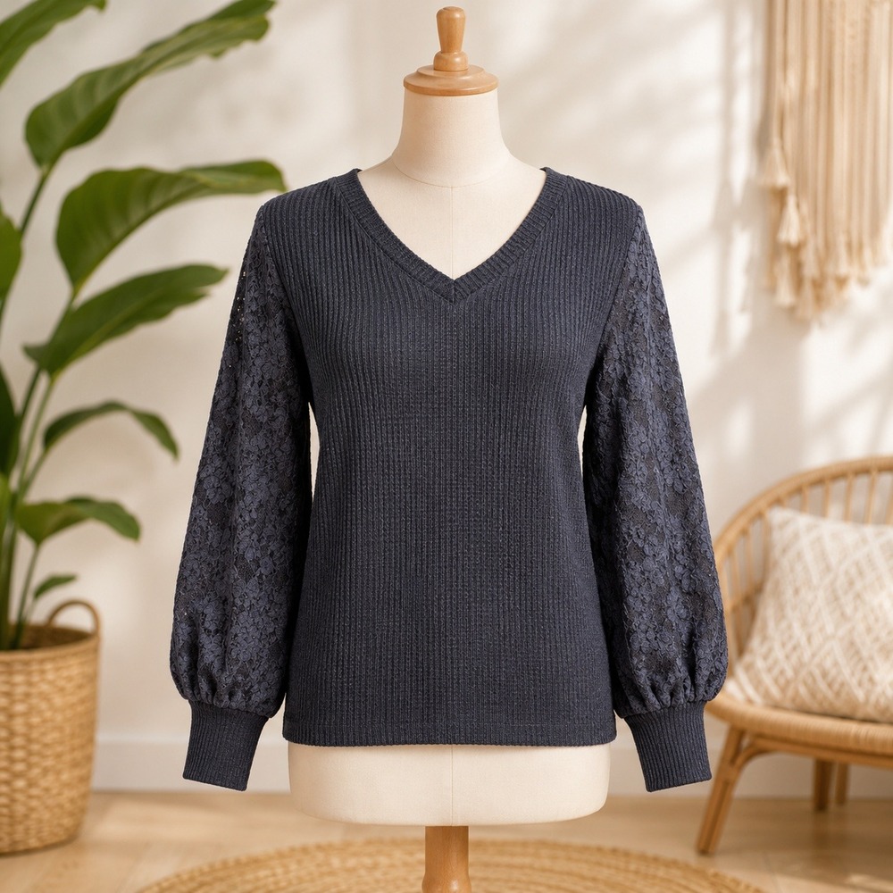 CUPSHE NWOT Lace Balloon Sleeve‎ Ribbed V-Neck Sweater Womens XL Charcoal Grey